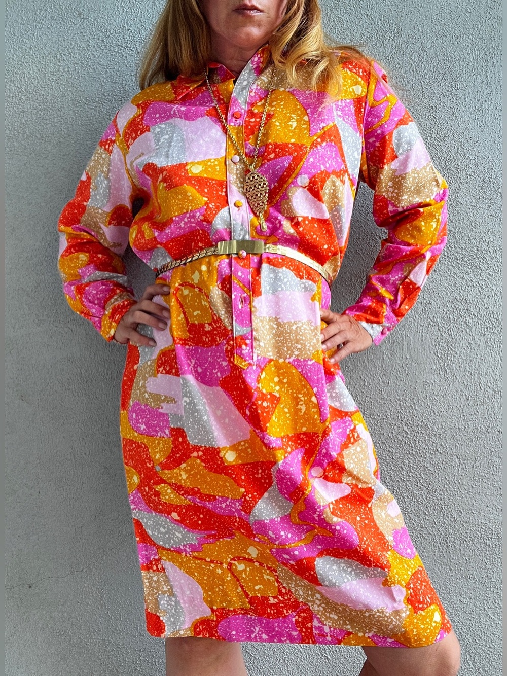 Vintage 1970s Lady Bayard Abstract Print Polyester Mod Shirt Dress 1X